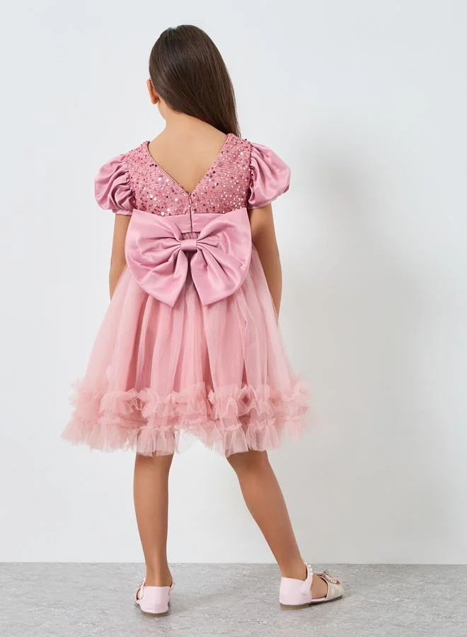 Take Two  Girls Pink Sequin Puff Sleeve Ruffles Hem Dress for Women | Best Price UAE